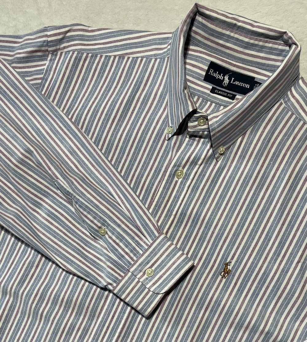Ralph Lauren Shirt Mens 17.5 35 Blue Red White Striped Classic Fit Button Down